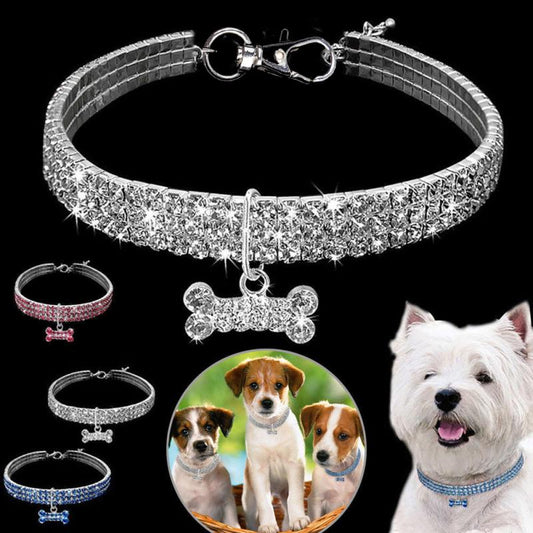 Add a touch of sparkle and glamour to your furry friend's appearance with this blingy rhinestone dog collar. These collars are fully studded with bling rhinestones and a metal crystal pendant, making them a popular choice for owners who want their dogs to stand out.  Made of durable materials and all rhinestones are studded and fixed by alloy holes, so they stay in place.