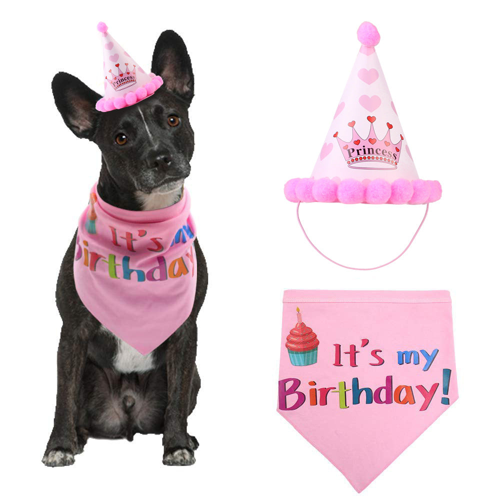Help celebrate your dog's special day, with this birthday party hat and bandana set. Birthday party hats and bandanas for dogs are popular accessories that add fun and flair to a pet's birthday celebration. The hat and bandana are designed to fit comfortably on your dog are made of durable, lightweight materials. 