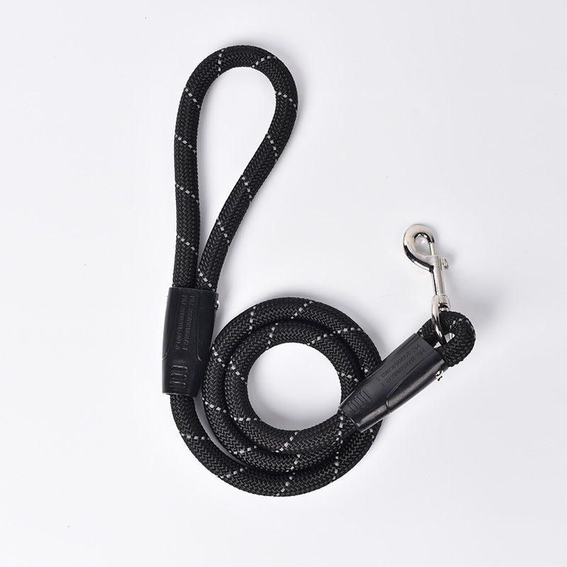 This nylon rope leash for dogs is made from a durable and lightweight material. Nylon is a popular material for dog leashes because of its strength, versatility, and affordability. This nylon rope leash is a great option for dogs who are well-behaved on walks and do not pull excessively, providing control and security for both the pet and the owner.