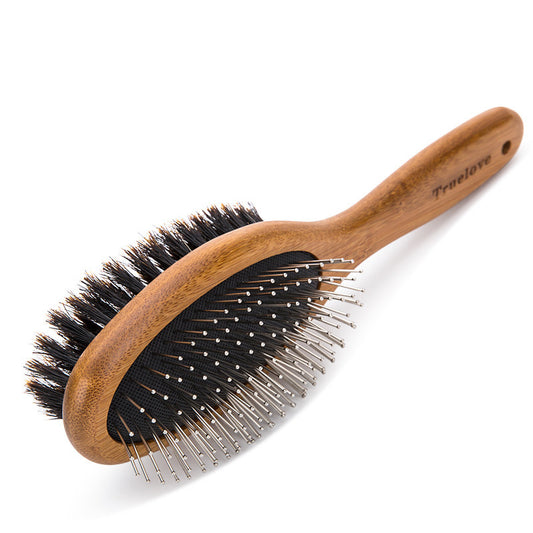 Make grooming your dog easier, more efficient, and convenient with this double-sided dog brush. One side of the brush has stainless steel bristles to remove tangles and mats, while the other side has tightly packed bristles to smooth and shine the coat.