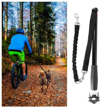 A dog bicycle leash allows pet owners to take their dogs on bike rides while keeping them safe and secure. One end of the leash attaches to the bike frame and the other end attaches to the dog's collar or harness, allowing them to run alongside the bike while staying under control.
