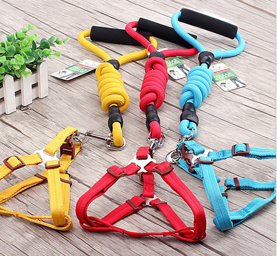 This dog collar, harness, and leash set is a convenient combo of pet necessities that ensures pet owners have everything they need to safely and comfortably walk their dog. These sets come in a variety of colors and three options are available: collar and leash, harness and leash, and collar, harness, and leash.