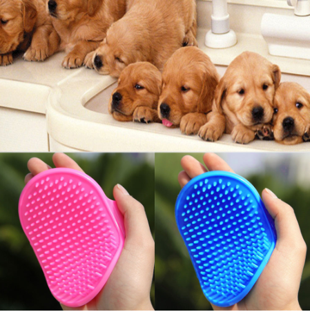 This dog bath brush is a grooming tool used to clean a dog's fur and skin. It has plastic bristles on one side for scrubbing and massaging with a convenient stay-in-place hand strap. Just add your favorite dog shampoo and water and you're ready to go!