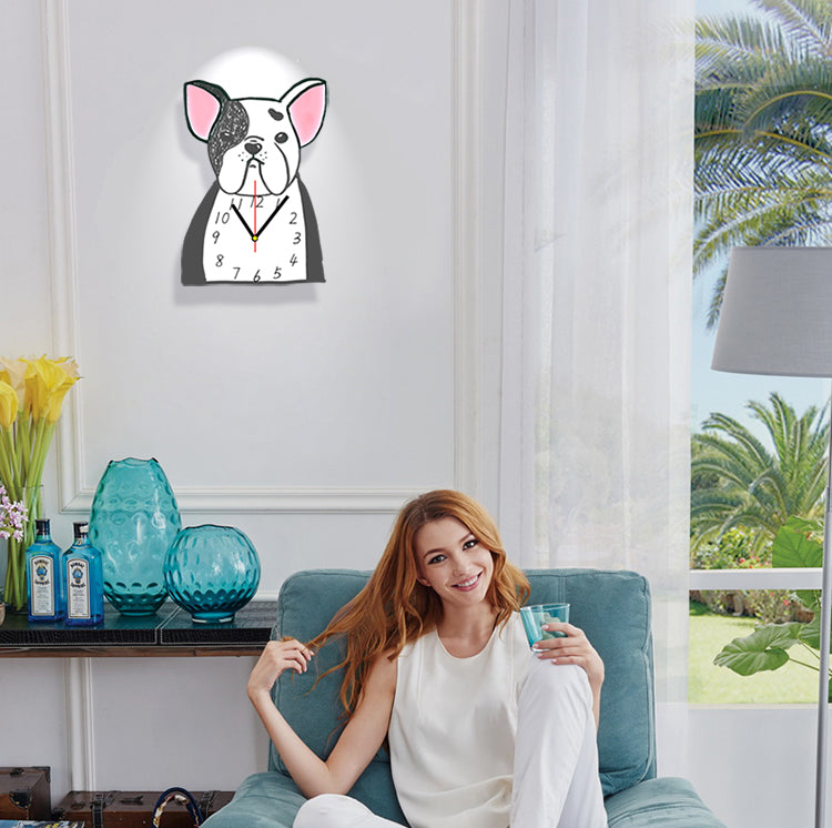 Our French Bulldog Wall Clock is the perfect addition to any pet-lover's home. With its unique and adorable design, it will bring a smile to your face every time you check the time. Made with high-quality materials, it's both functional and stylish, making it a great gift for yourself or any dog-loving friend.