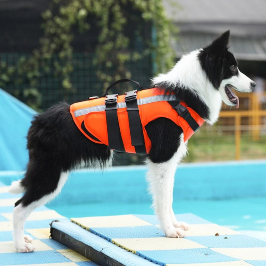 A dog needs a reflective life jacket to ensure their safety while swimming in open waters, such as the beach or lake, and even in a swimming pool. The reflective material helps improve visibility and increases their chances of being seen by boaters. The life jacket also provides added buoyancy to support the dog in the water and prevents fatigue. The lifting handle is designed to help the dog out of the water. 