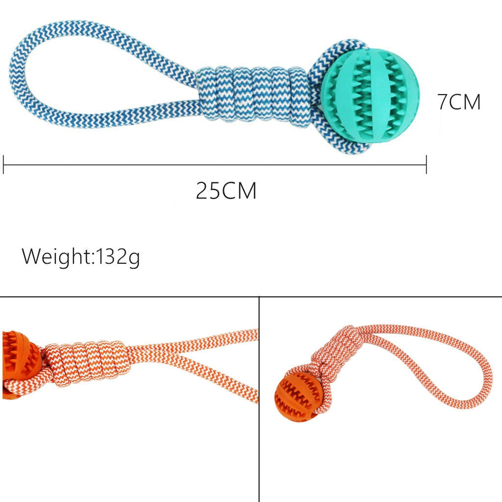 Help keep your dog's mouth healthy and clean with this braided rope and ball toy. Designed to allow your dog to bite and chew continuously to keep your dog's teeth and gums clean and healthy. With this toy, your dog will be busy for hours, satisfy chewing desires, and discourage home destruction from chewing.