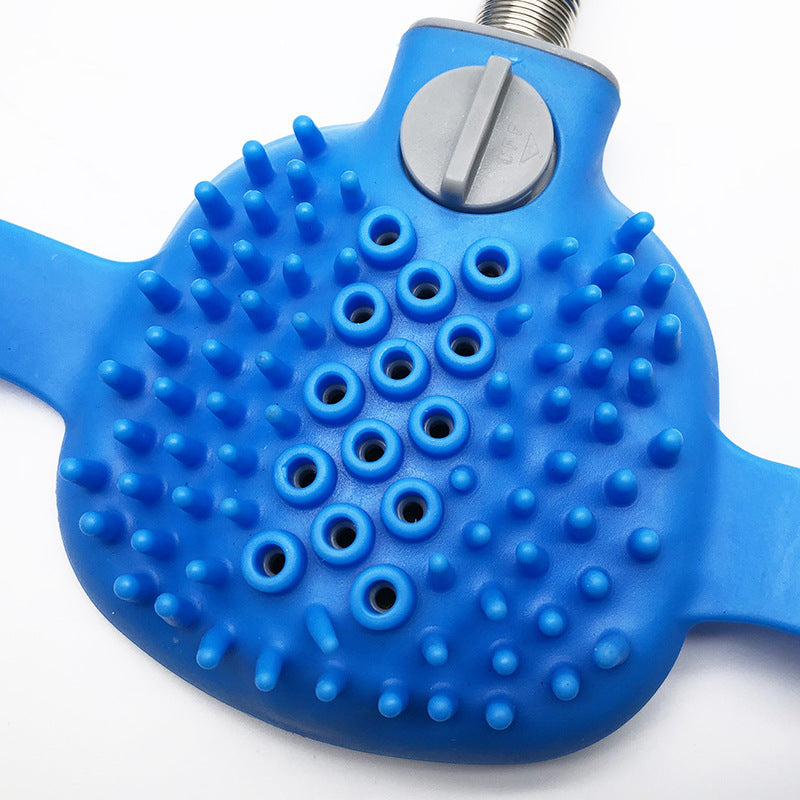 Make bath time a breeze with this hand held dog shower and bath brush! This accessory is a shower attachment specifically designed for washing dogs. Easily removes stuck on dirt and mud. It features a hand held brush and an adjustable nozzle, which allows the owner to direct water to different areas of the dog's body with ease. 